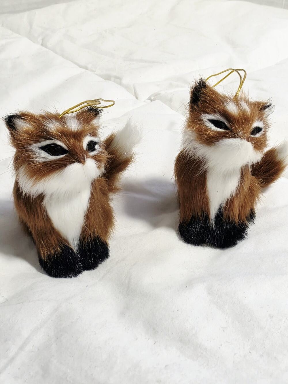 Fox Christmas Ornament Set of 1 Brown White 3"x2" Faux Fur Rustic Holiday Decor